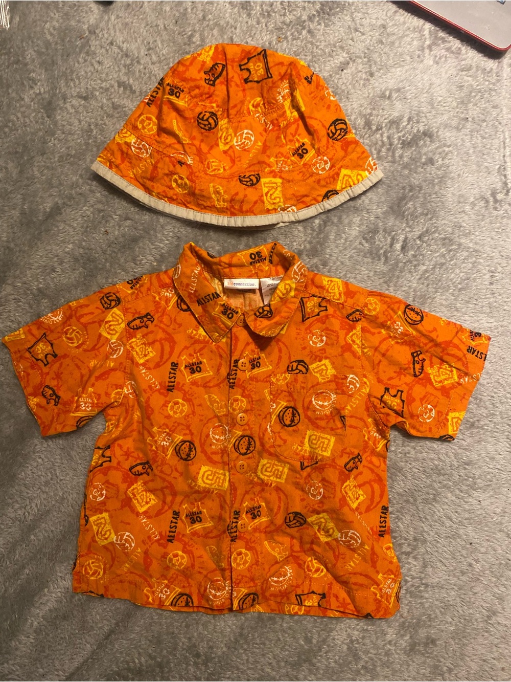 Kids Orange Short-Sleeve Button-Down Shirt with Matching Bucket Hat